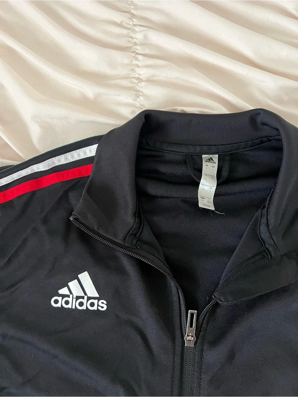 adidas Black Track Jacket with Red, Green & White Sleeve Stripes